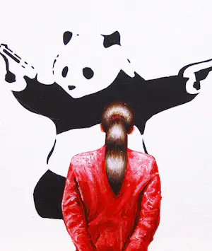 Gerard Boersma - Shooting Panda (Vrouw genietend van schilderij Banksy) kopen? Bied vanaf 125!