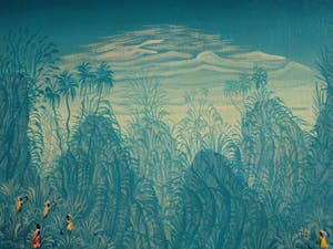 Niet of onleesbaar gesigneerd - Acrylverf op doek , “Blauw landschap met vrouwen“ kopen? Bied vanaf 1!