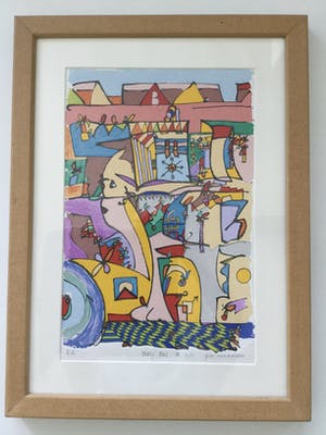 Pim van Halem - ‘Busy Bus’ , Vierluik . (Zeer fraai ingelijst door de kunstenaar) kopen? Bied vanaf 100!