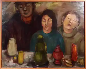 Nicky van der Wilde - Olieverf op doek, Mensen op een tentoonstelling - Ingelijst verkocht voor € 50!