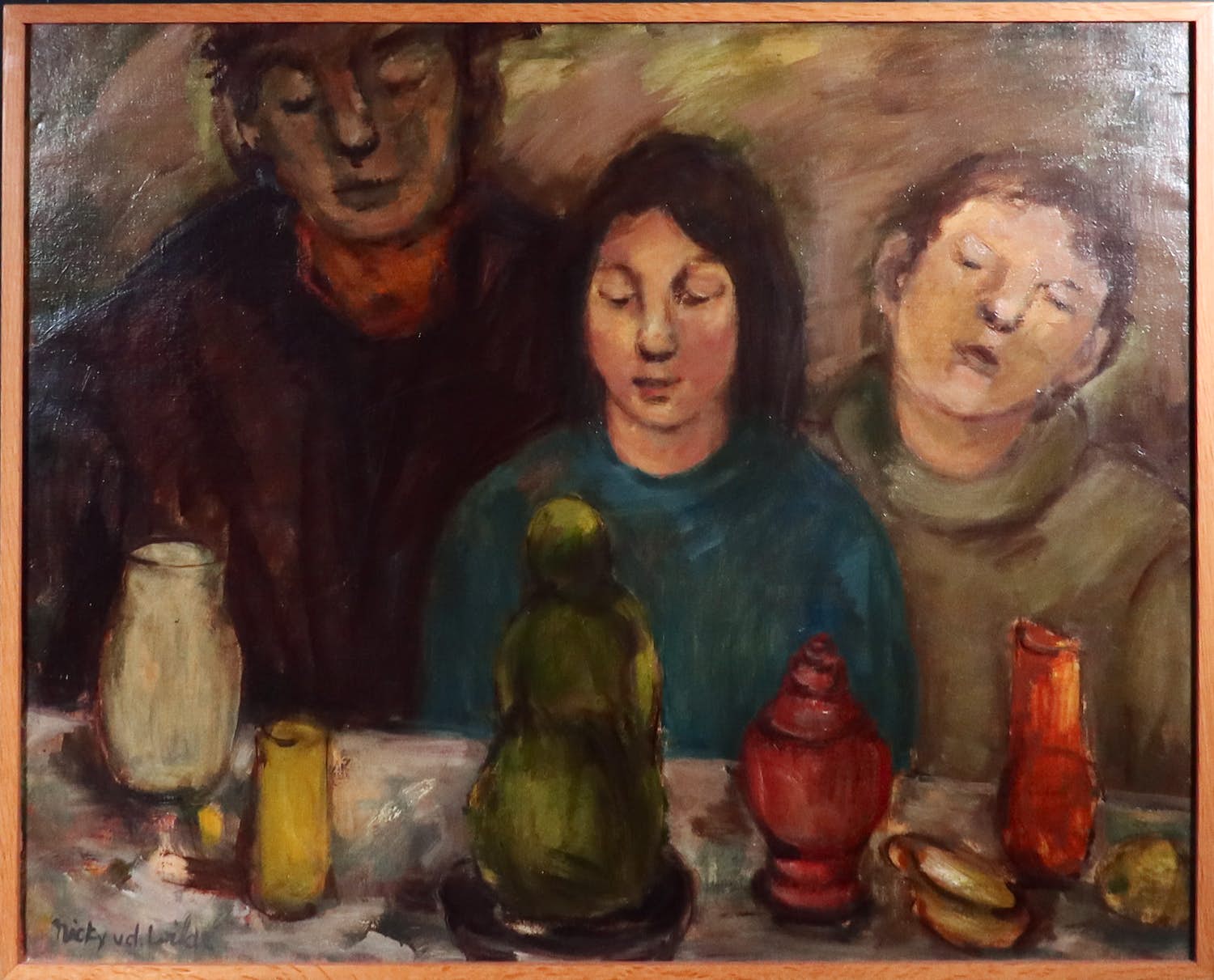 Nicky van der Wilde - Olieverf op doek, Mensen op een tentoonstelling - Ingelijst verkocht voor € 50!