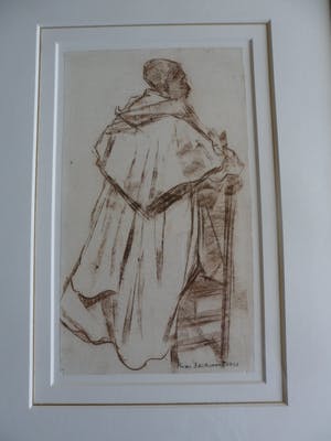 Koos Stikvoort - Krijttekening, met een biddende priester op een bidstoel. kopen? Bied vanaf 120!