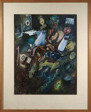 Bessel Kok - Acryl en collage op papier, De wurgmachine - Ingelijst kopen? Bied vanaf 1!