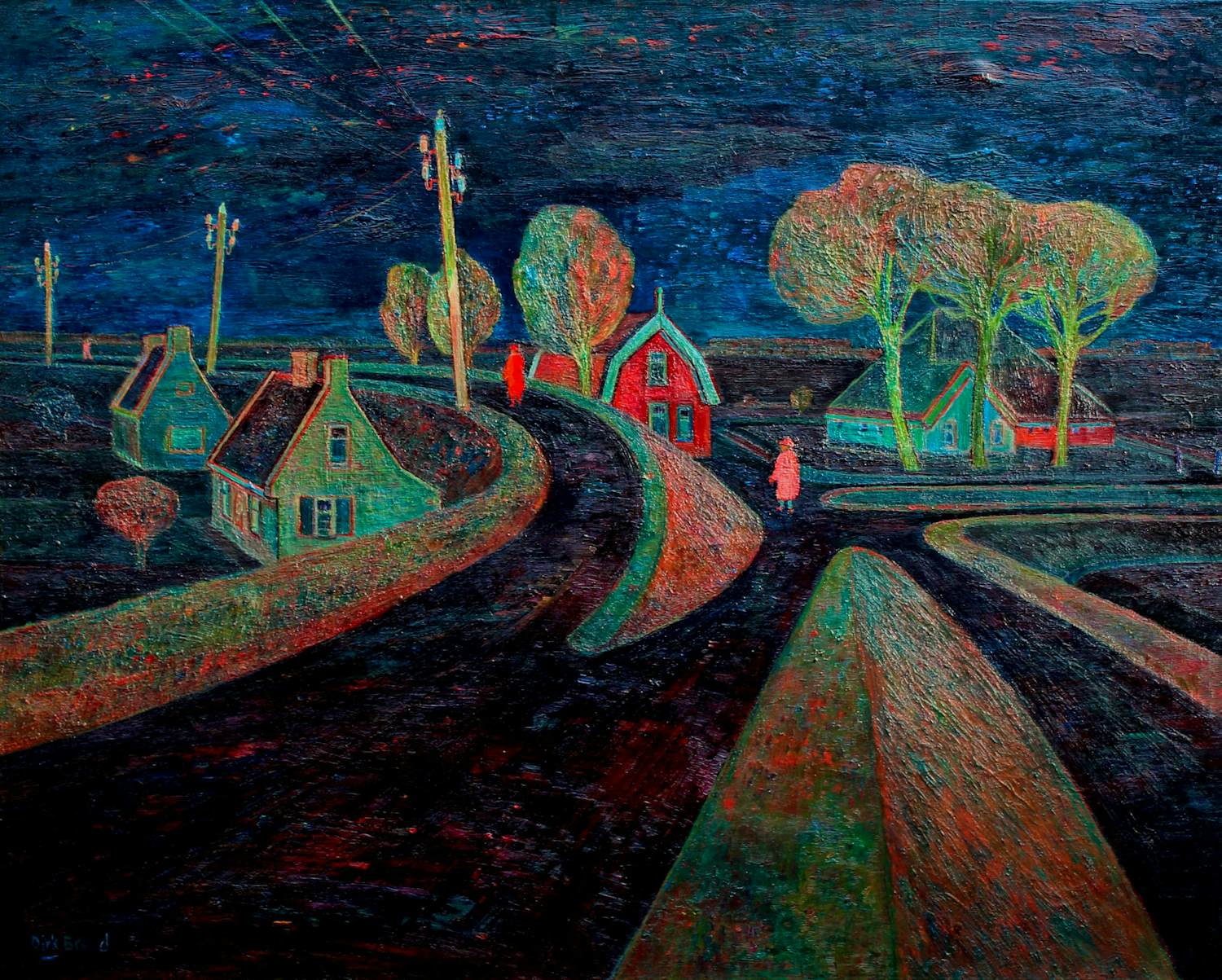 Dirk Breed - Ingelijste olieverf op doek: Noord-Hollands landschap met huizen langs een dijk kopen? Bied vanaf 1500!