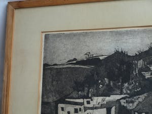 Ber Mengels - Ingelijste ets, Mediterraan mijnlandschap - 1963 kopen? Bied vanaf 35!