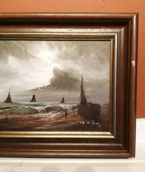 Niet of onleesbaar gesigneerd - Hollandse School - de Rooy?? - Katwijkse tjalken aan de kust - Zeegezicht kopen? Bied vanaf 10!
