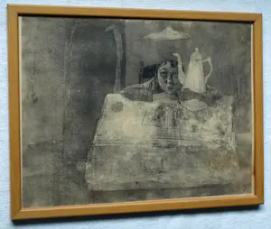 Niet of onleesbaar gesigneerd - Ingelijste prent (litho?) , Man met koffiekan kopen? Bied vanaf 1!