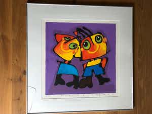 Ad Verstijnen - Zeefdruk, Broer en Zus - Ingelijst (passe-partout / met glasschade) verkocht voor € 150!