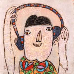 Shahid Parvez - Zeefdruk op paneel, Z.T. Koptelefoon verkocht voor € 70!