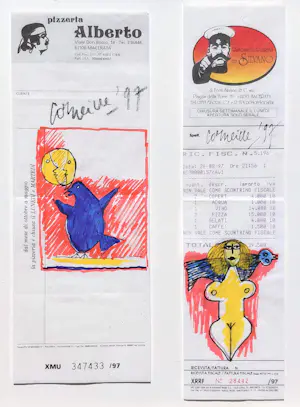 Corneille - Vrouw en vogel op kassabonnen, stifttekeningen op papier (mooi ingelijst) kopen? Bied vanaf 1000!