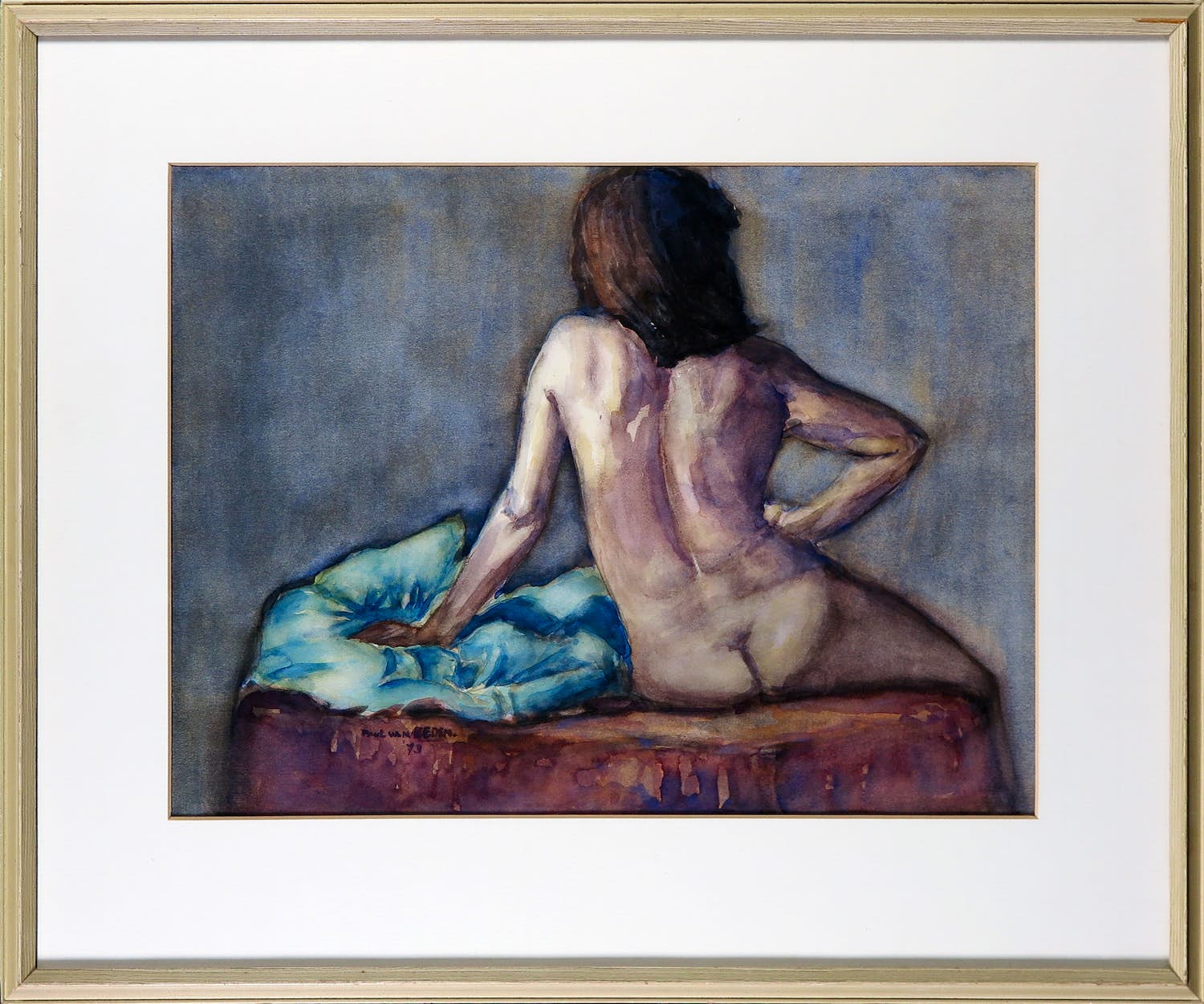 Paul van Eeden - Aquarel, Naakt op de rug gezien - Ingelijst verkocht voor € 1!