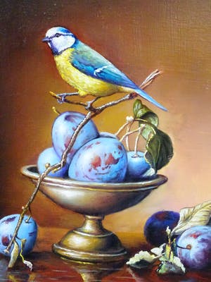 Alfonso Moreno - Schilderij stilleven pimpelmees op pruimen in een schaal. kopen? Bied vanaf 235!