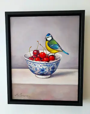 Alfonso Moreno - Stilleven met schaaltje kersen en pimpelmees kopen? Bied vanaf 179!