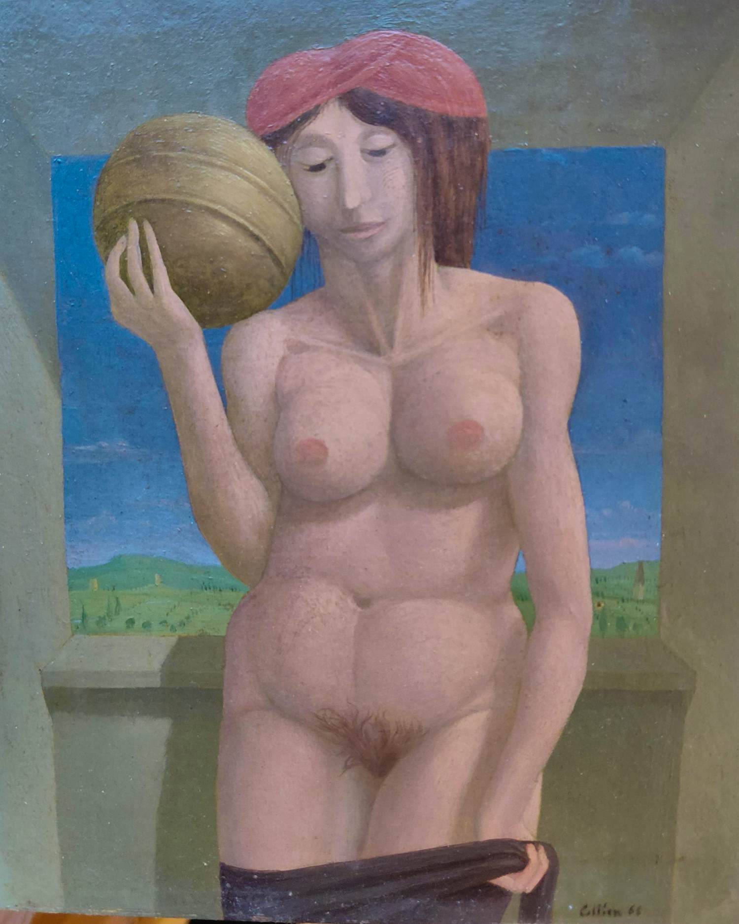 Peter Collien - staande naakte vrouw met rond object kopen? Bied vanaf 150!