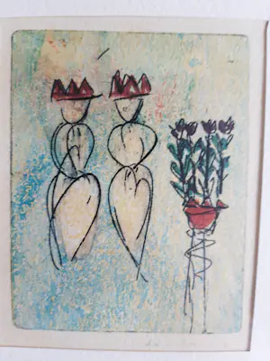 Lia van Leeuwen - vier kleine etsen van tulpen en figuurtjes kopen? Bied vanaf 20!