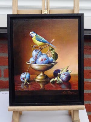 Alfonso Moreno - Schilderij stilleven pimpelmees op pruimen in een schaal. kopen? Bied vanaf 235!