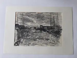Hugo Liebe - Krijttekening, Haventje te Rijpwetering bij avond. kaufen? Bieten Sie von 20!
