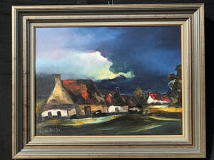 Paul Permeke - Olieverf schilderij: boerderij en dreigend onweer kopen? Bied vanaf 350!