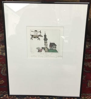 Niet of onleesbaar gesigneerd - C3340-6, clownsfiguur op paard boven landschap met kerk kopen? Bied vanaf 10!