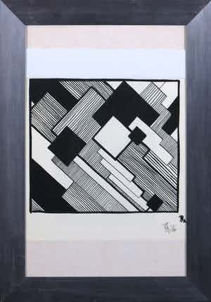 Thilo Maatsch - Houtsnede, Abstracte compositie - Ingelijst verkocht voor € 70!