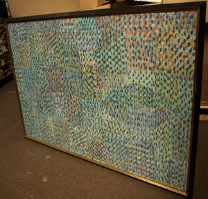 Niet of onleesbaar gesigneerd - Ingelijst ‘pointillistisch’ schilderij - Acrylverf op papier –107 x 156 cm -1989 kopen? Bied vanaf 1!