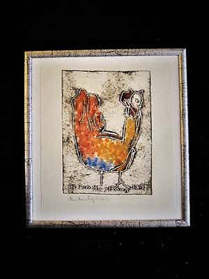 Anton Heyboer - Gesigneerde 1997 ETS "Kip in Oranje Geel en Blauw" VANAF 1 EURO! verkocht voor € 1!