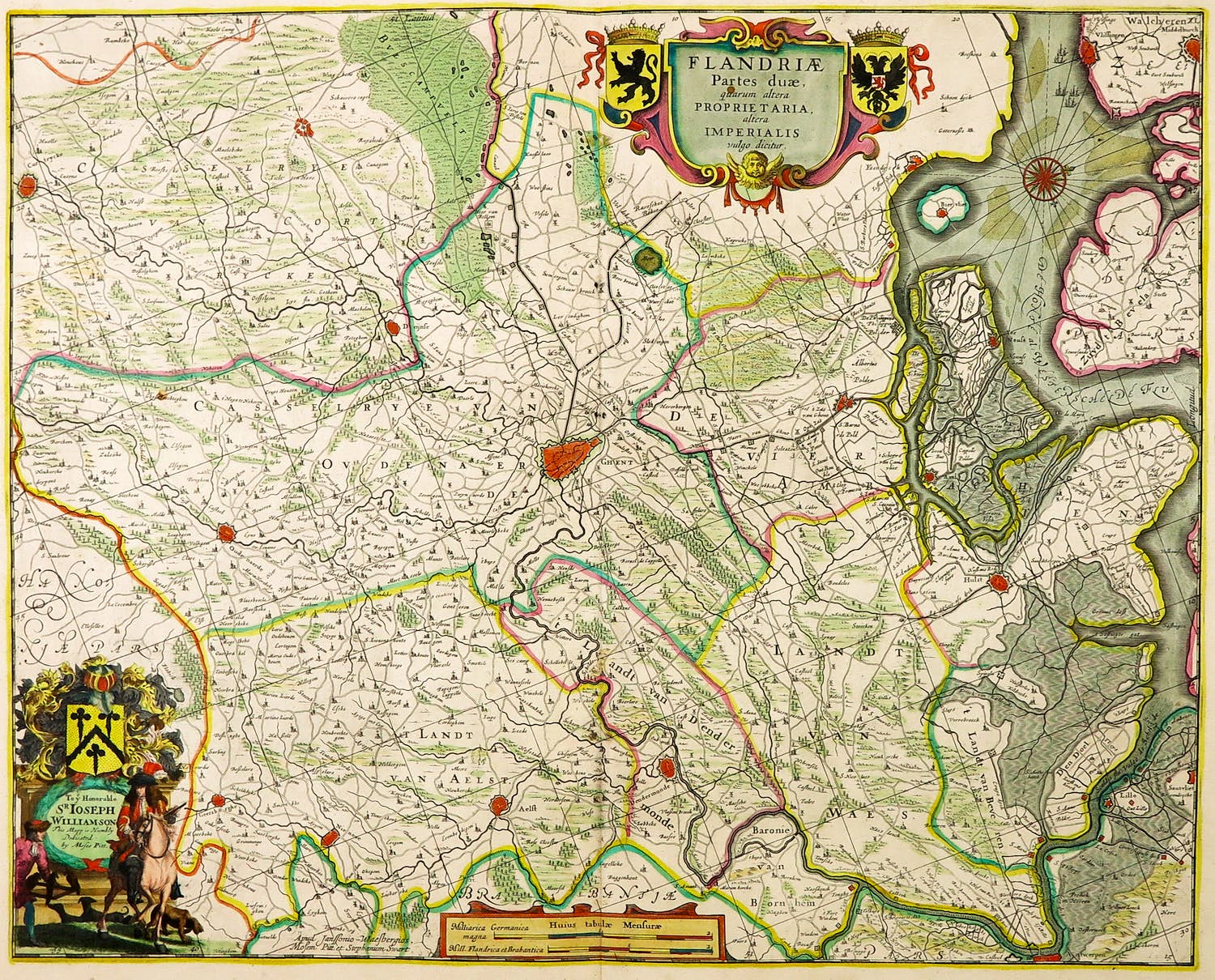 Johannes Janssonius van Waesberghe I - en Steven Swart - Handgekleurde kopergravure, Flandriae Partes duae verkocht voor € 50!