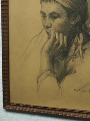 Hendricus Dievenbach - Ingelijste tekening , Portret vrouw kopen? Bied vanaf 50!