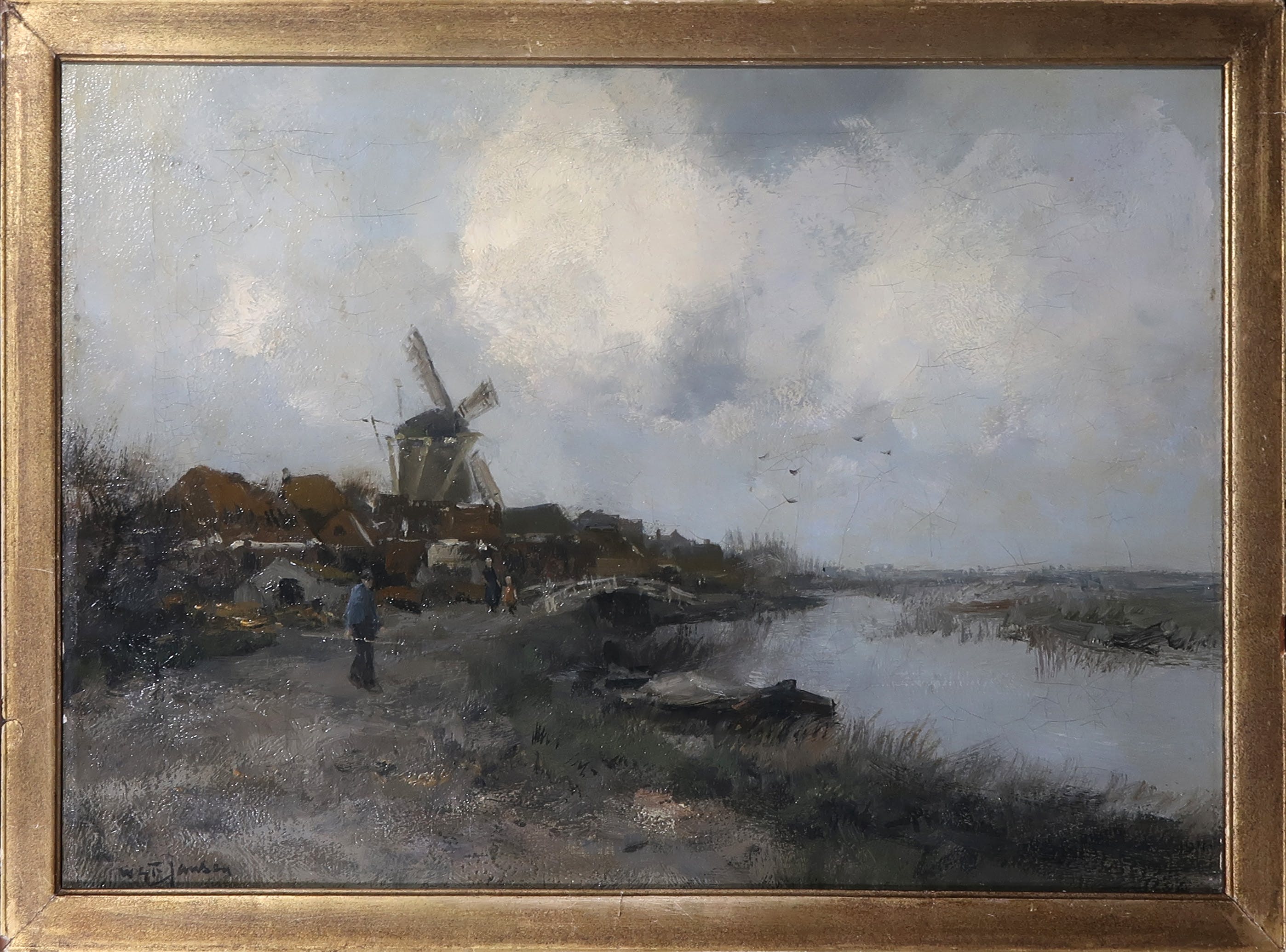 Willem G.F. Jansen - Olieverf op doek, Figuren op zandweg bij molen aan water - Ingelijst verkocht voor € 280!