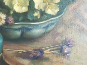 Jan den Hengst - stilleven met bloemen in gemberpotje en aardewerk schaal kopen? Bied vanaf 50!