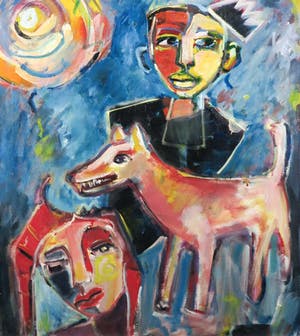 Christine Spierings - Olieverf op doek, Z.T. Twee figuren met hond (Groot) kopen? Bied vanaf 50!