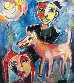 Christine Spierings - Olieverf op doek, Z.T. Twee figuren met hond (Groot) verkocht voor € 50!