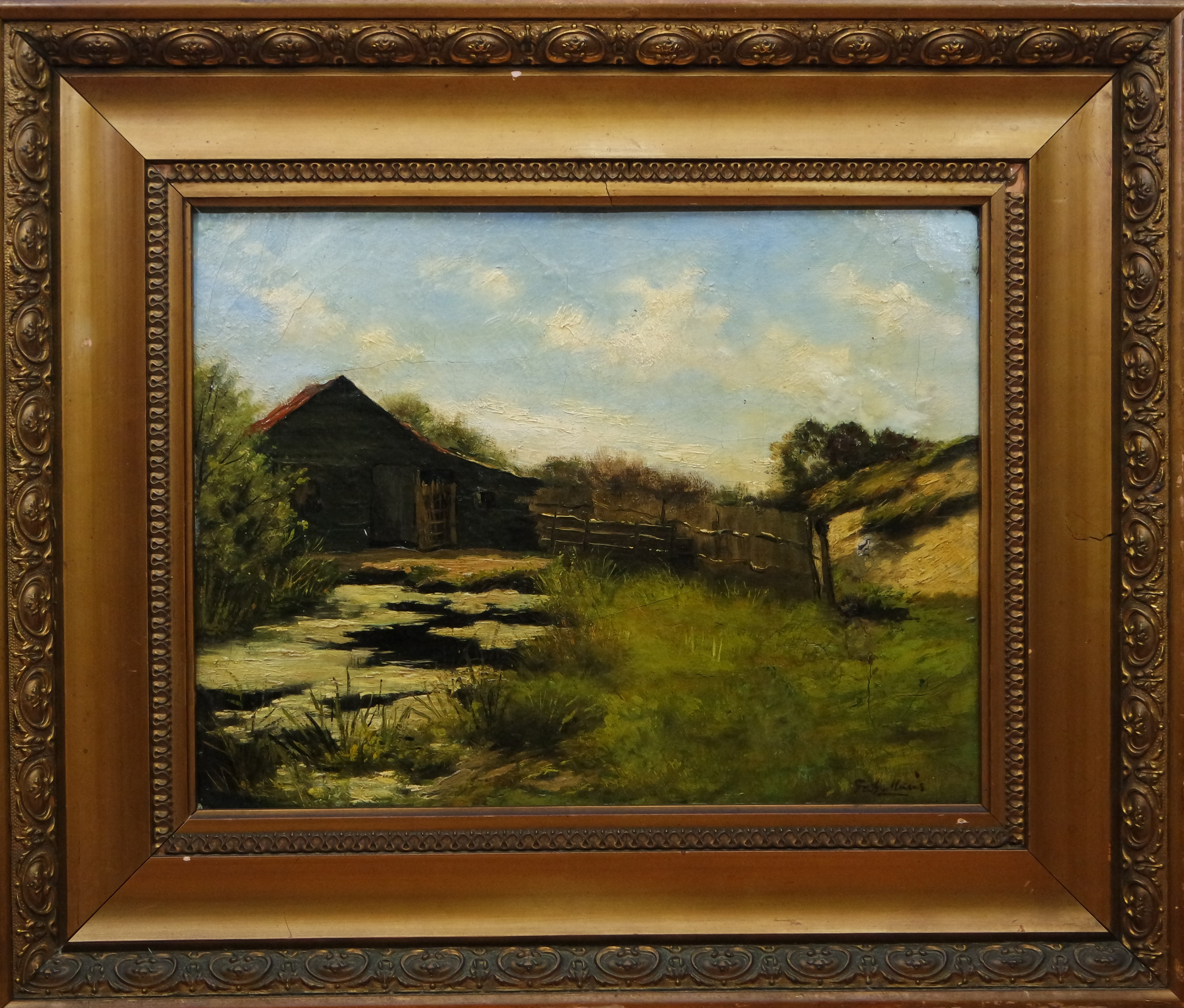 Frits Maris - olieverf op paneel - boerderij aan het water kopen? Bied vanaf 295!