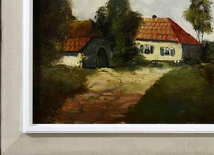 Niet of onleesbaar gesigneerd - "Zicht op dorp aan vaart met boerderijen, kerk en zeilschip" - olieverf opdoek kopen? Bied vanaf 10!