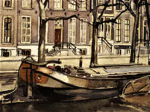 George Lourens Kiers - Sfeervol aquarel "boot aan de gracht" + 2 tekeningen Dordrecht en de Lek kopen? Bied vanaf 79!