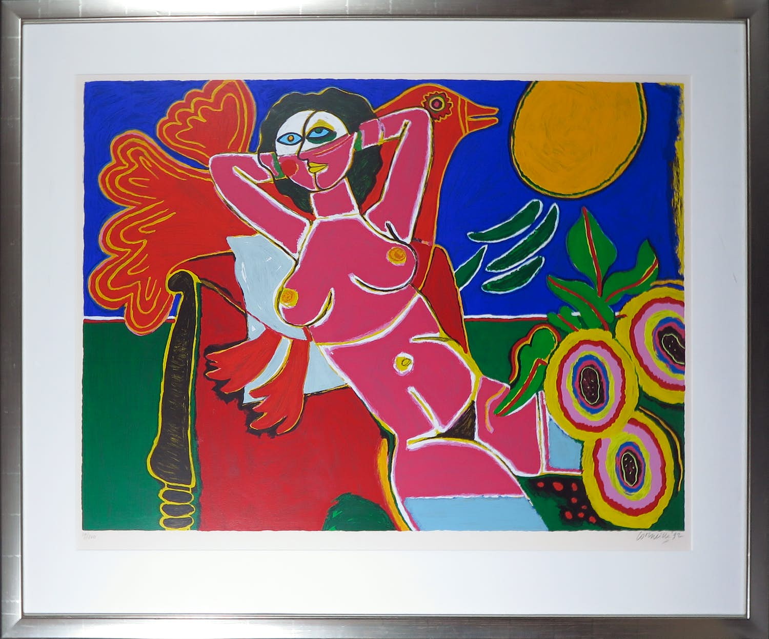 Corneille - Zeefdruk, Vrouwelijk naakt met vogel - Ingelijst (Zeer groot) verkocht voor € 450!