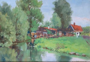 Jan Stapper - Olieverf op paneel, Landschap met boerenerf kopen? Bied vanaf 1!