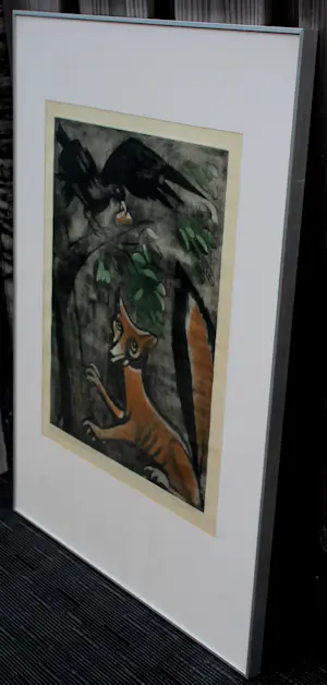 Jeanne Bieruma Oosting - Ingelijste ets/aquatint: 'De raaf en de vos(Fables de la Fontaine)' kopen? Bied vanaf 399!