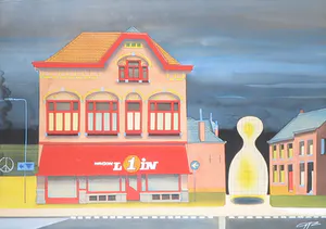 Adrian de Gijzel - Gouache, Axel's pand roodgekleurd, Zeeuws Vlaanderen - Ingelijst kopen? Bied vanaf 1!