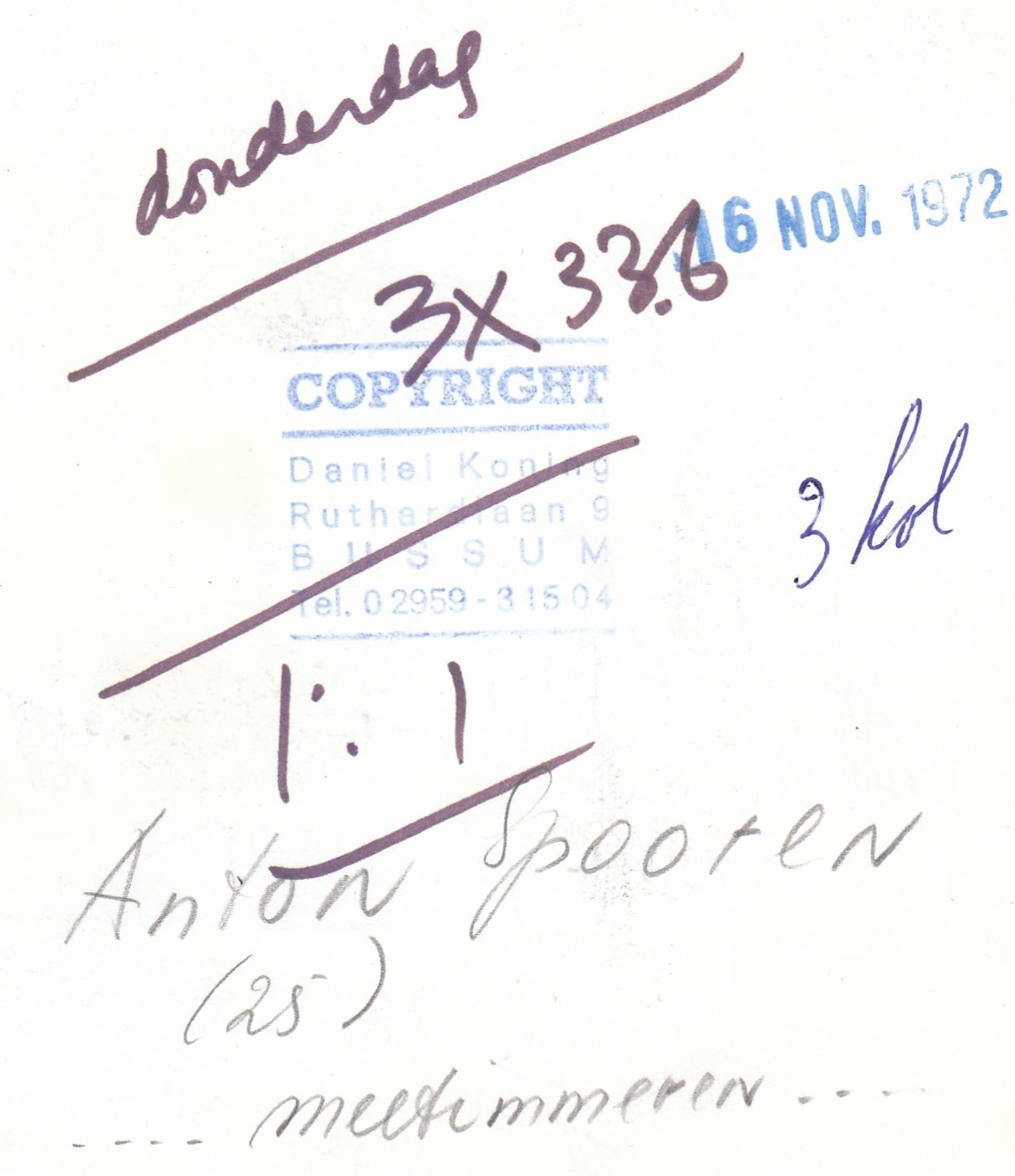 Daniel Koning - Portretfoto Anton Spooren Meetimmeren -Dagblad de Tijd 1972 kopen? Bied vanaf 1!