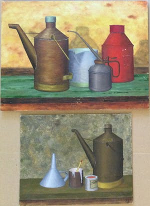 Niet of onleesbaar gesigneerd - Lot van 2 schilderijen | Stillevens met oliekannen kopen? Bied vanaf 1!