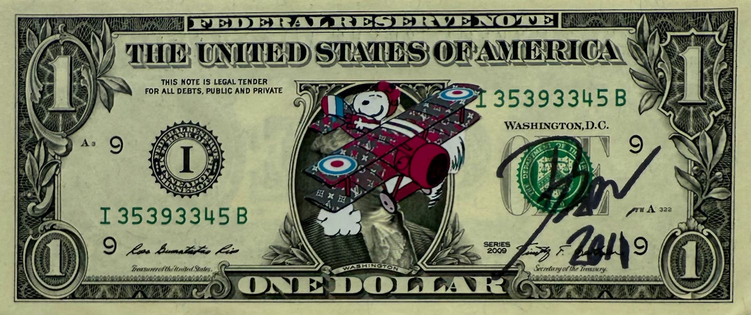Buy Death NYC - Collage op Amerikaanse Dollar | 'Snoopy flying his Louis Vuitton Ace' | 2012? Bid from 100!