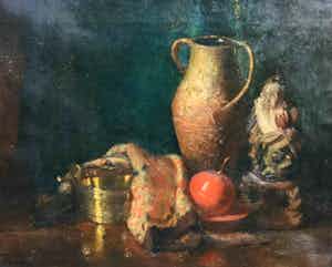 Niet of onleesbaar gesigneerd - C4475-1 - Stilleven met Boeddha en sierappel verkocht voor € 10!