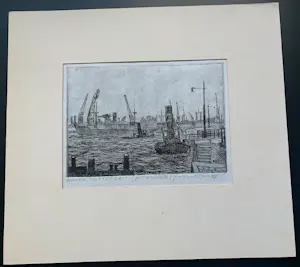 Jos van den Berg - Ets: Haven Rotterdam - 1973 kopen? Bied vanaf 39!