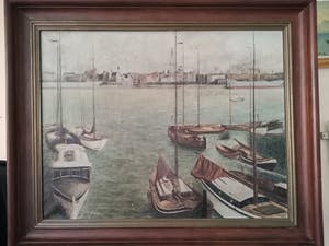 Niet of onleesbaar gesigneerd - Zicht op de jachthaven van Antwerpen met historisch stadscentrum op achtergrond kopen? Bied vanaf 1!