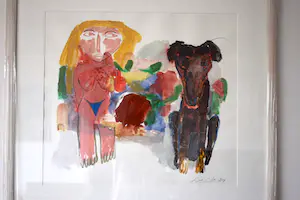 John Lie a Fo - 'Figuur met hond' - Gouache, Prachtig Ingelijst - Groot Werk kopen? Bied vanaf 180!