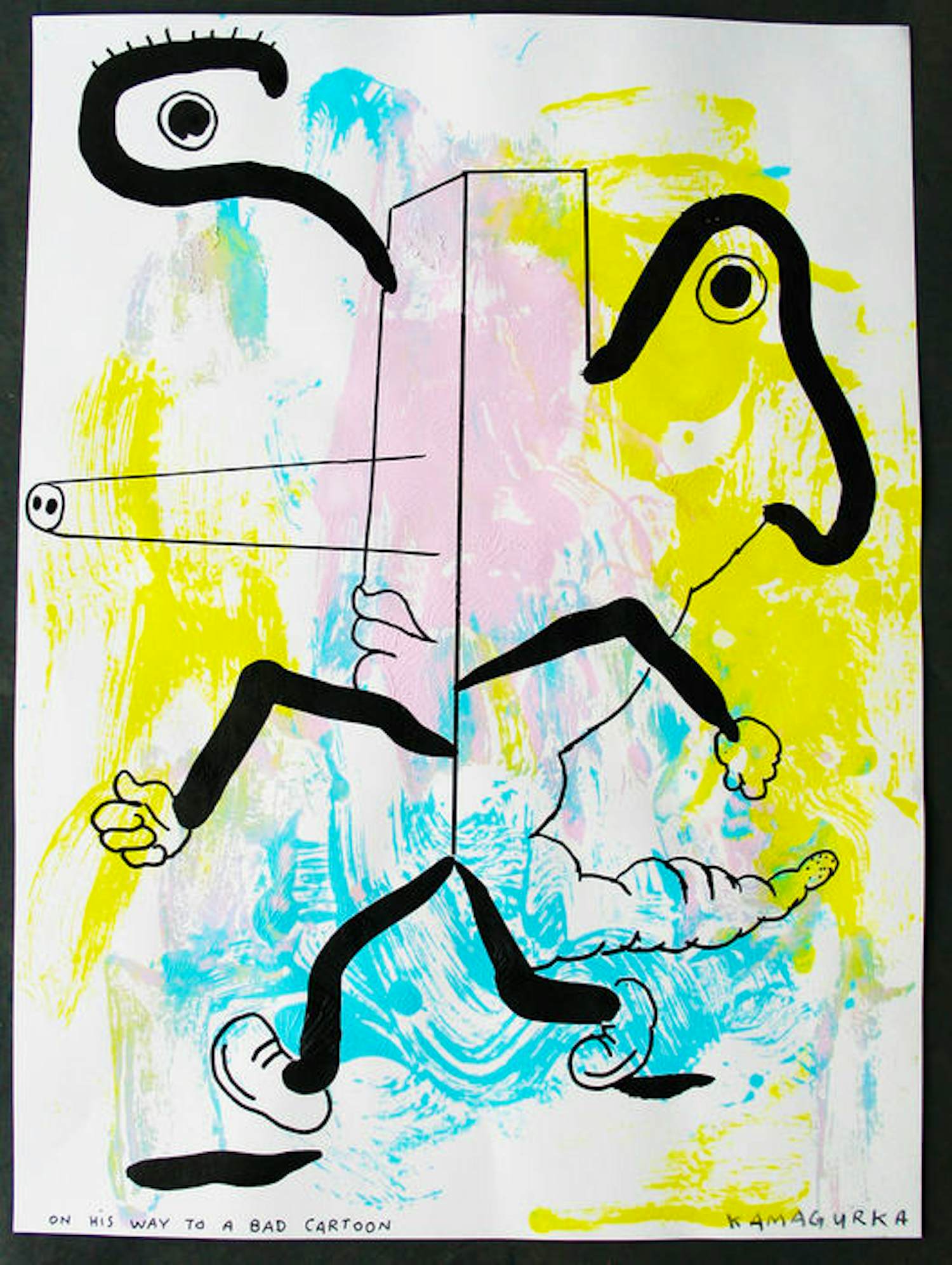 Kamagurka - groot uniek werk, acryl en inkt - On his way to a bad cartoon verkocht voor € 2600!