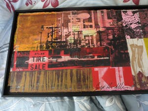 George Heidweiller - Zeefdruk op doek opgeplakt op karton. Titel, "Tire Sale". kopen? Bied vanaf 120!