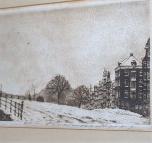 Cornelis Brandenburg - winters Amsterdam met Koepelkerk - ingelijste ets kopen? Bied vanaf 70!