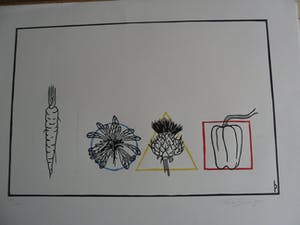 Pieter Becks - Kleurenhoutsnede. Titel: fruit en groente. kopen? Bied vanaf 35!